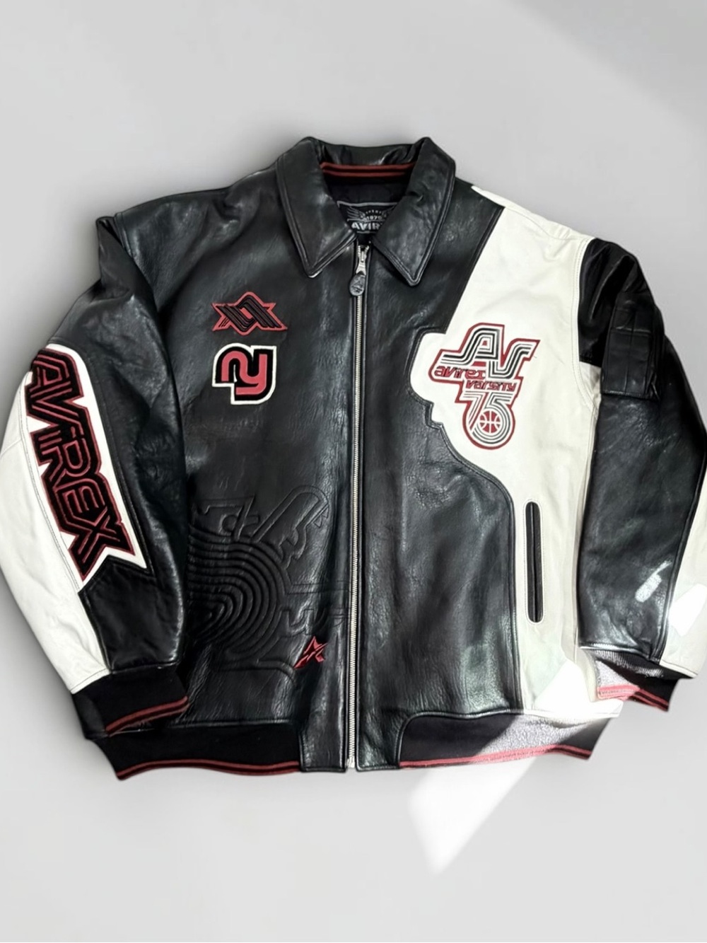Avirex New York Basketball 75 Leather Varsity Jacket Black White Red Mens 6XL